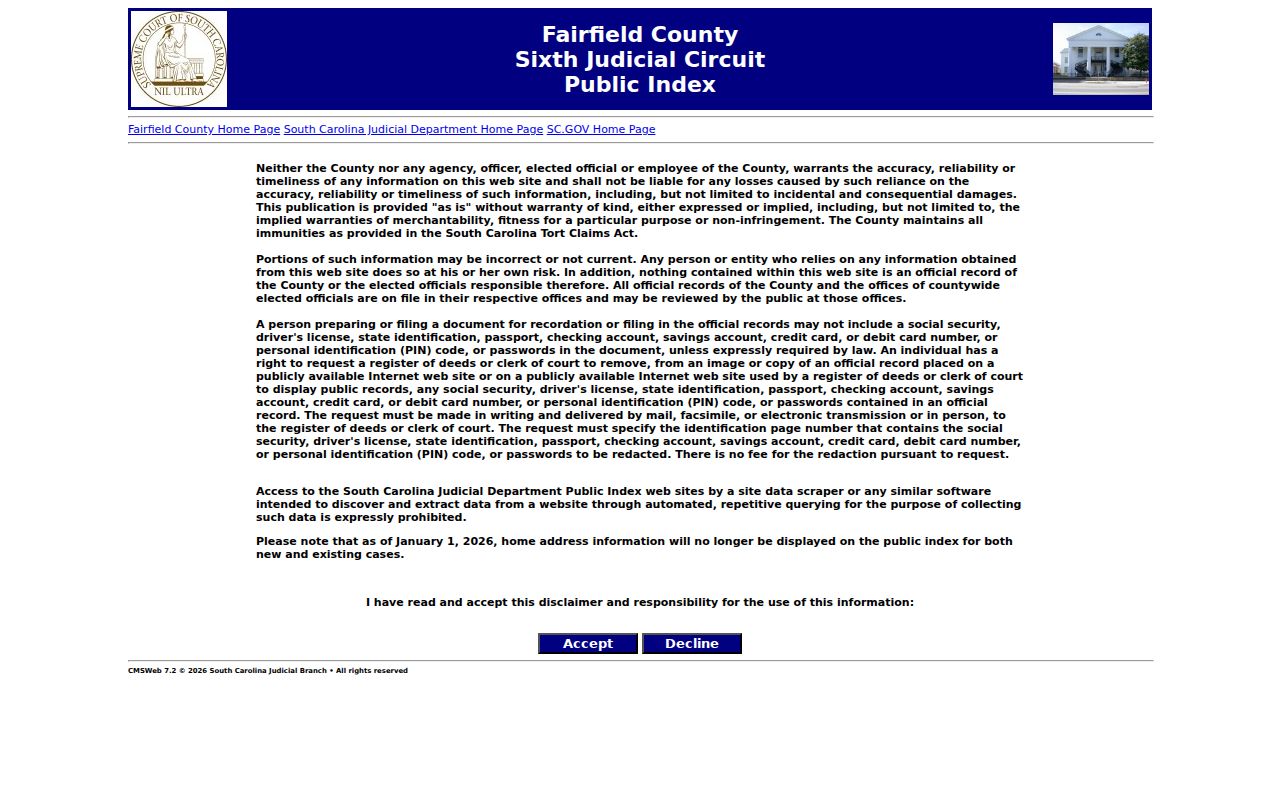 Fairfield County warrant search: South Carolina Public Index route